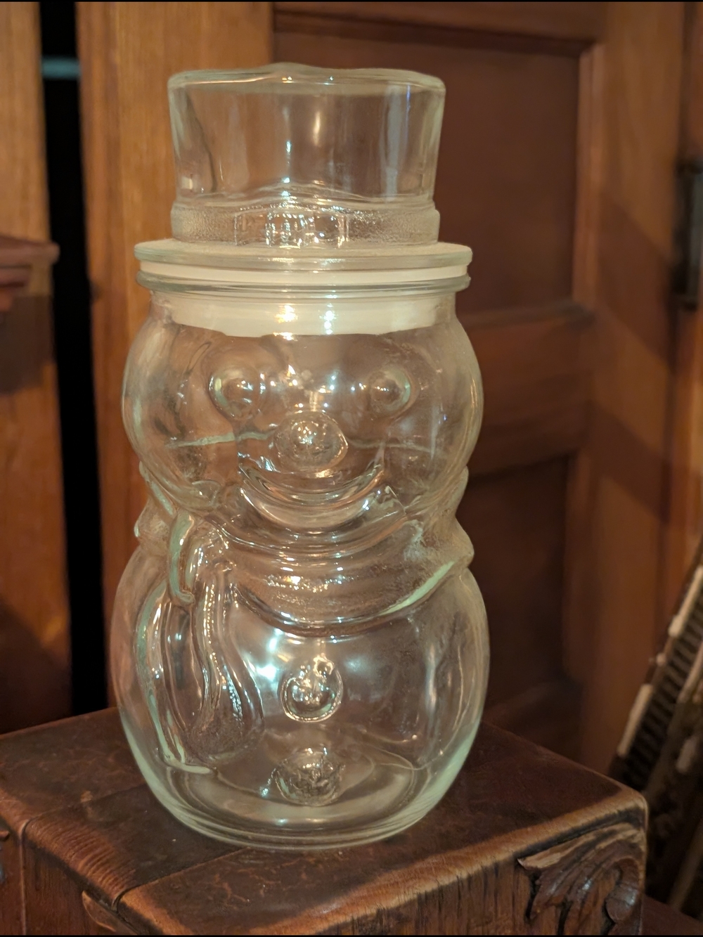 VTG Libbey Clear Glass Snowman 7.5"T Candy Jar Winter Holiday Christmas Canister